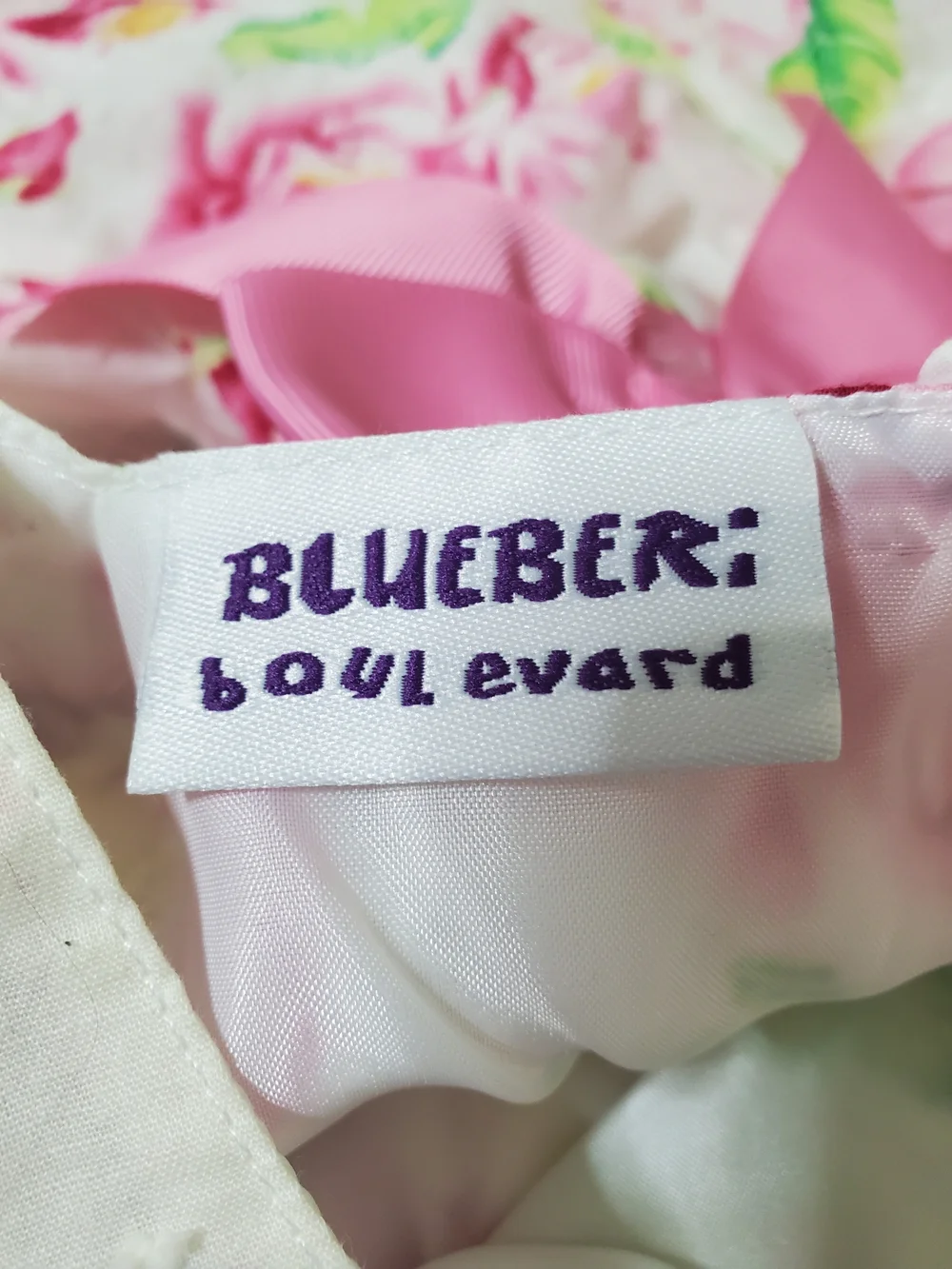Blueberi Boulevard White Floral Dress with Pink Sash & Bow